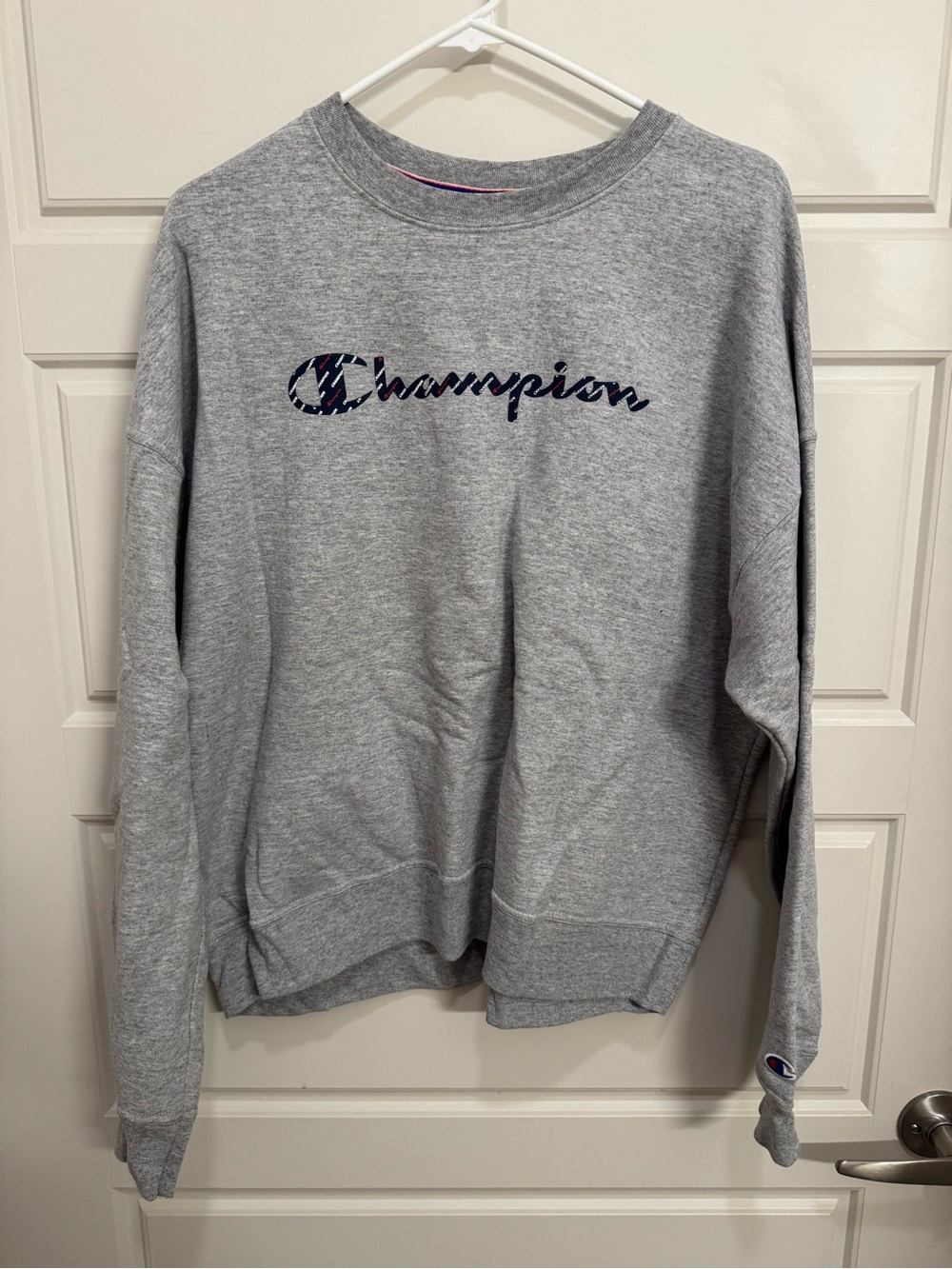 Champion Gray Crewneck Sweatshirt with Navy Script Logo